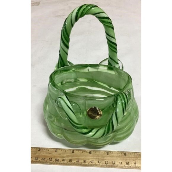 Block Crystal Art Glass Purse Vase Green & Cream Striped Design - Picture 1 of 5